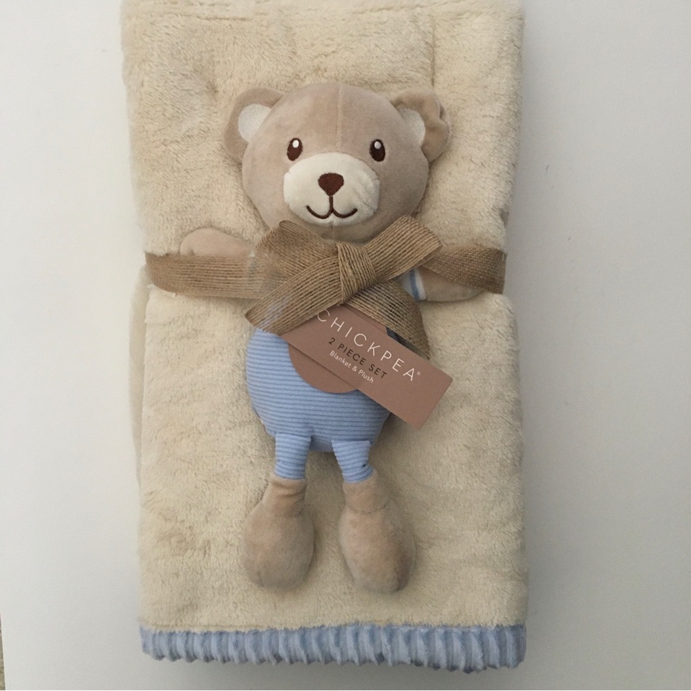 NEW Cozy Baby Blanket Set with Blue Trim Bear Soft Baby Toy Lovey | Chick Pea